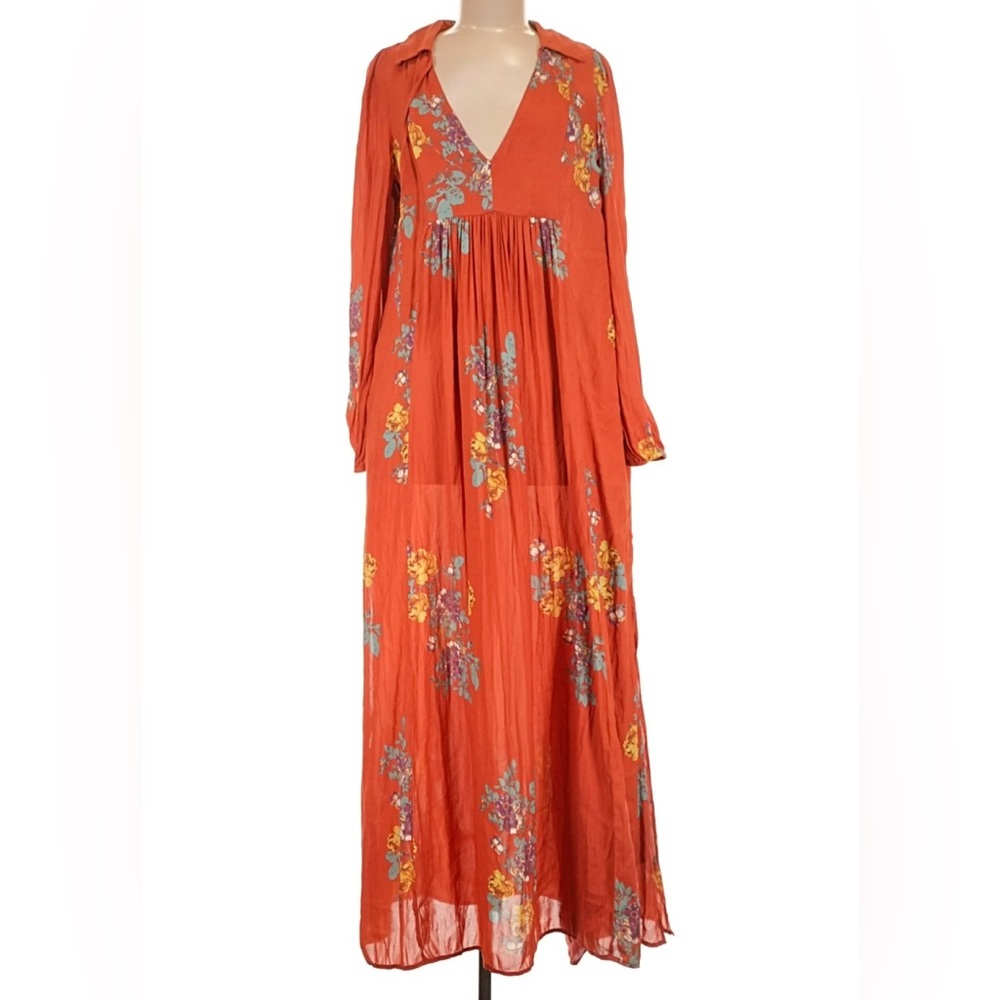 Free People Flowy Floral Maxi Dress Small Boho Long Sleeve Lined Pockets Medium